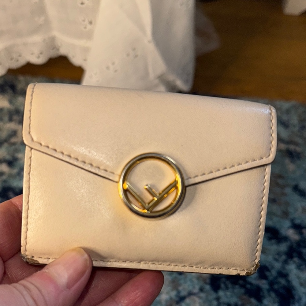 Fendi Vitelli Cruise F Trifold Beige Wallet (mini )  with Gold Button